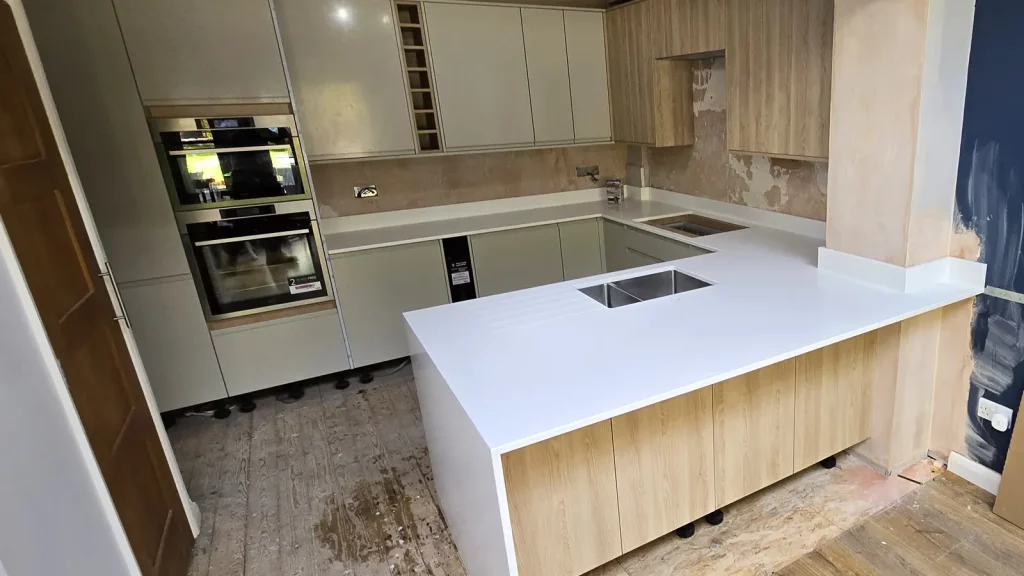 Kitchen with BQS super white quartz worktops